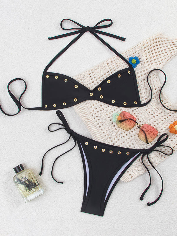Black Lace-Up Slim Fit Triangle Two-Piece Bikini for Beachwear