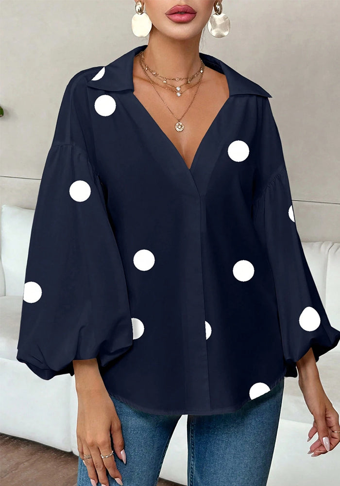 French Polka Dot Half-Open Neckline Puff Long-Sleeve Top