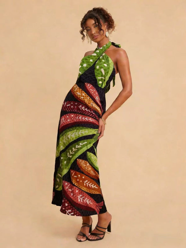 Printed Cross Backless Dress for Summer Beach Vacations