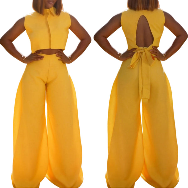 Backless Tie-Waist Sleeveless Top & Wide-Leg Pants Set for Summer
