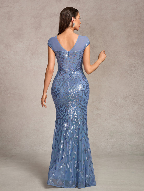 Women Mesh Embroidered Sequin Short-Sleeve Round Neck V-Back Elegant Formal Party Mermaid Evening Dress