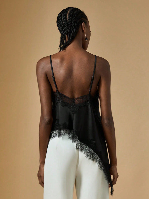 V-Neck Spaghetti Strap Irregular Lace Patchwork Top for Evening Wear