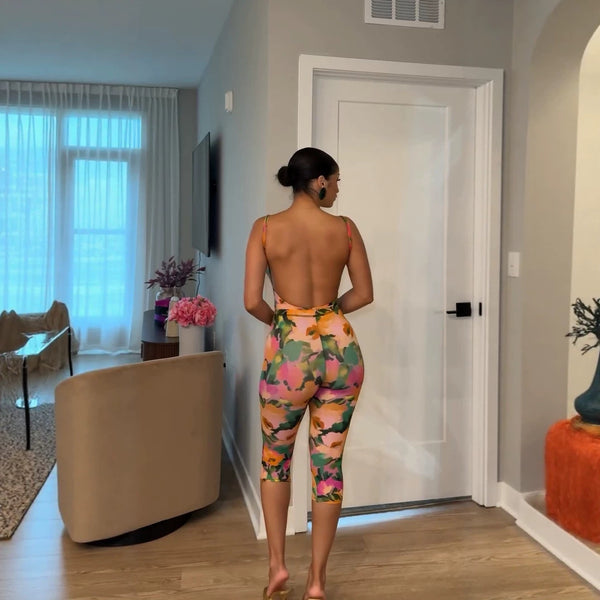 Floral Print Backless Tank Top & Capri Pants Set for Summer