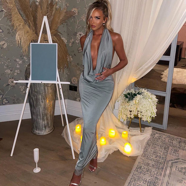 Summer Fashion Chic Sexy V-Neck Halter Neck Low Back Slim Sleeveless Dress