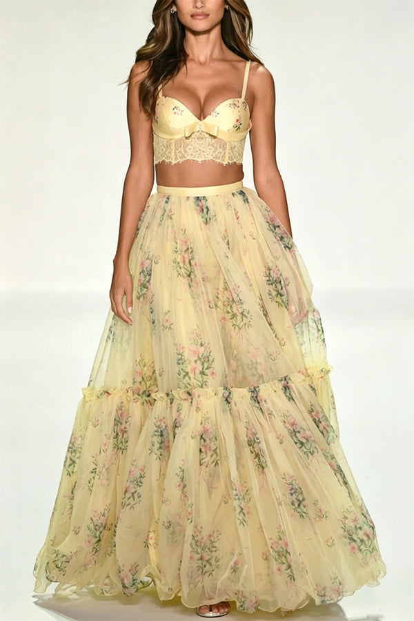 Sling Top & Chiffon Printed Tie-Accent Midi Skirt Set for Casual Wear