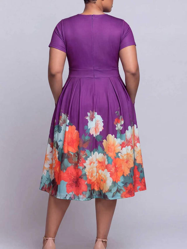 Plus Size Purple Printed Round Neck Short Sleeve Dress for Formal Events