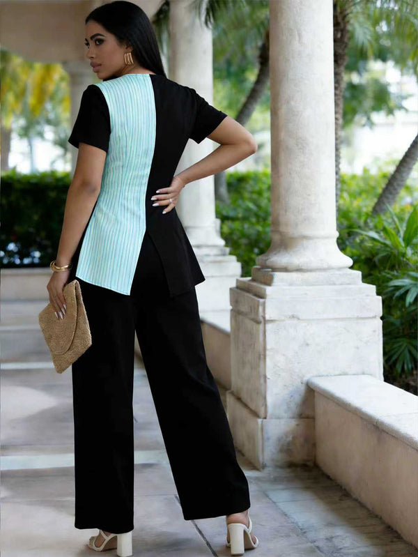 Women Spring/Summer Color Block Short-Sleeved Slit Top and Pant Two-Piece Set