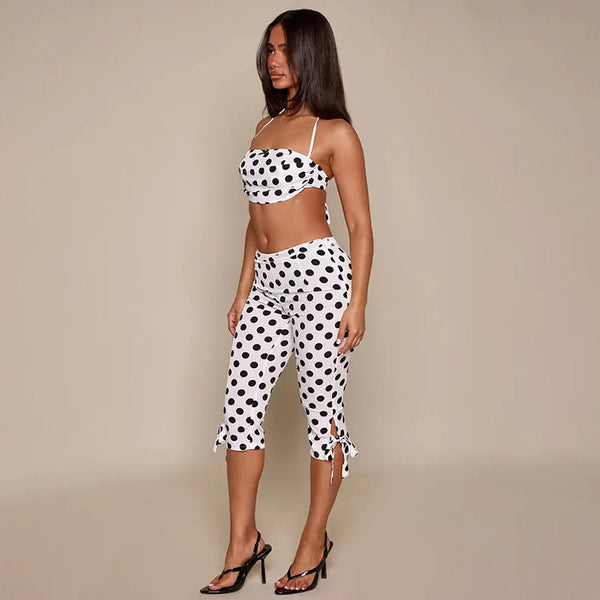 Polka Dot Sleeveless Halter Lace-Up Top & Capri Pants Set for Summer