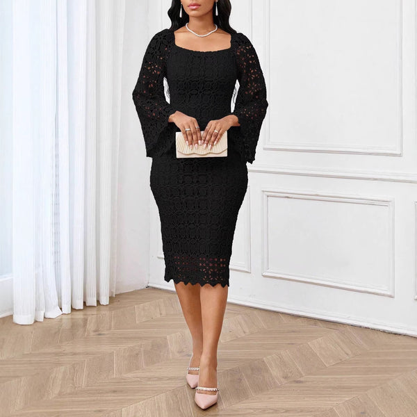 Lace Hollow-Out Bell Sleeve Square Neck Slit Dress for Parties