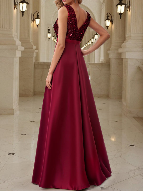 Women Sexy Sleeveless V-Neck Slit Evening Dress