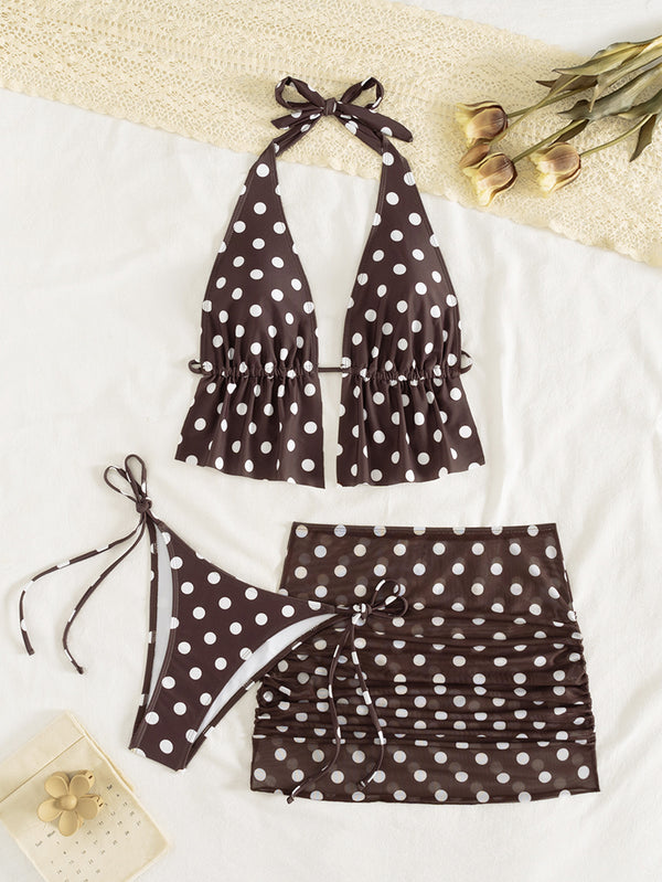 Polka Dot Halter Cut-Out Ruffle Bikini & Mesh Skirt Three-Piece Set