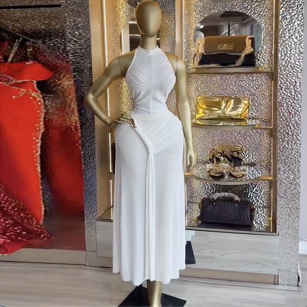 Halter Neck Sleeveless Ruffled Maxi Dress for Summer Evenings