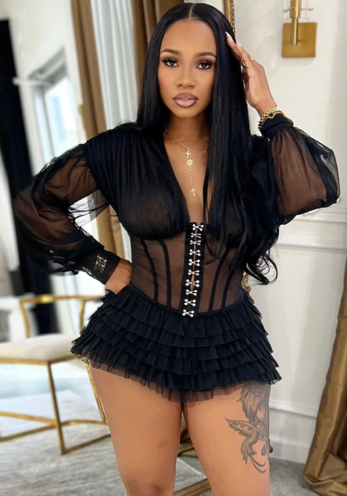 V-Neck See-Through Mesh Dress for Clubwear
