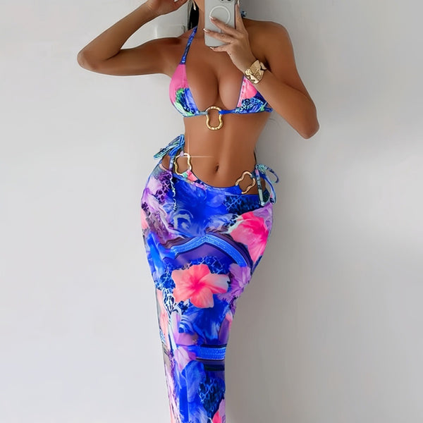 Printed Tie-Strap Bikini & Beach Skirt Three-Piece Swimsuit Set