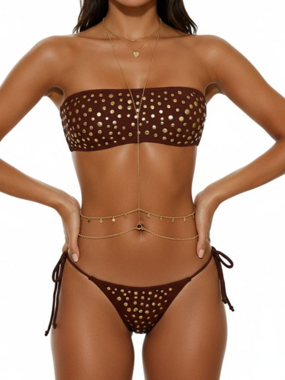 Metal Dot Strapless Lace-Up Two-Piece Bikini Swimsuit
