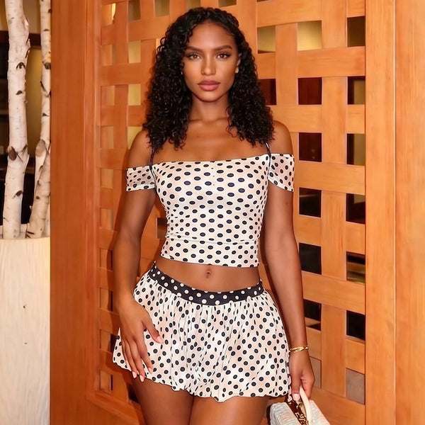 Color Block Polka Dot Lace-Up Off-Shoulder Top & Shorts Set