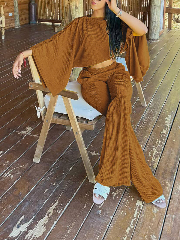 Slash Shoulder Top & Elastic Waist Pocket Pants Set for Beach Holidays