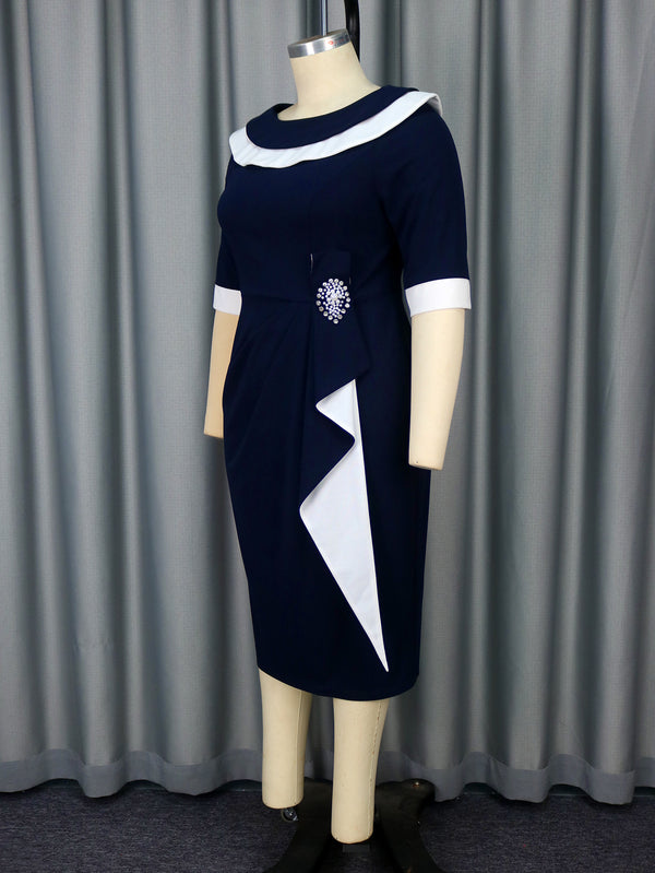Ruffled Collar Half-Sleeve Rhinestone Bodycon Dress for Evening Parties