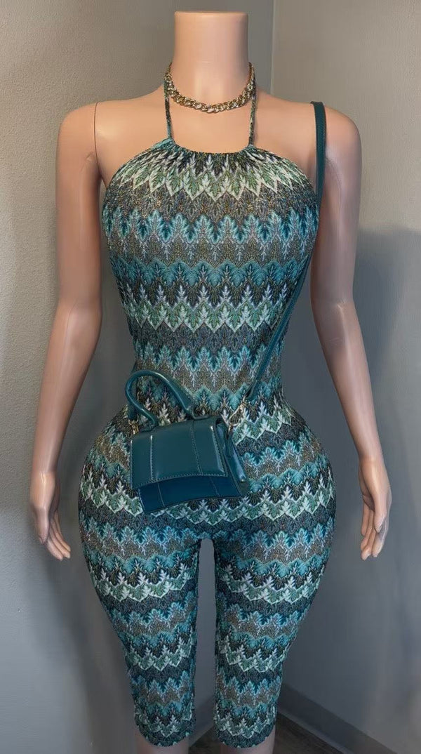 Printed Stretch Halter Backless Slim Fit Jumpsuit for Club Wear