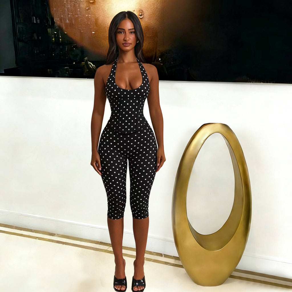 Halter Polka Dot Fishbone Zip Seven-Point Jumpsuit