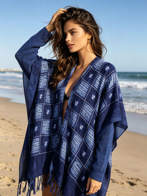 Tie-Dye Plaid Knitted Tassel Sun-Protective Cover-Up Cardigan for Holidays
