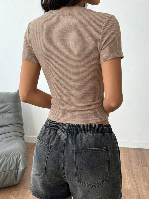 Pleated Slim Waist Short Sleeve V-Neck T-Shirt for Summer Casual