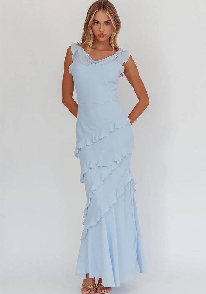 Solid Ruffle Maxi Dress for Summer Holidays