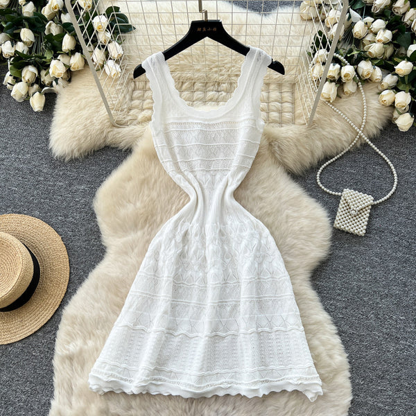 White Knitted Hollow-Out Sleeveless Dress for Summer