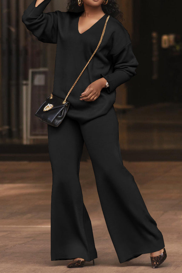 Solid Long-Sleeved Slit Two-Piece Lounge Set