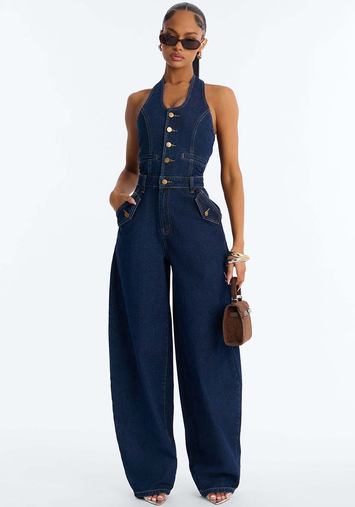 Washed Denim Pocket Halter Neck Jumpsuit for Summer