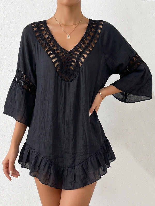 Crochet Patchwork Ruffle 3/4 Sleeve Irregular Beach Cover-Up Dress