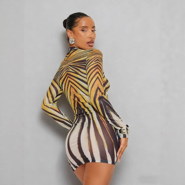 Striped Turtleneck Long Sleeve Bodycon Dress for Fall Wear