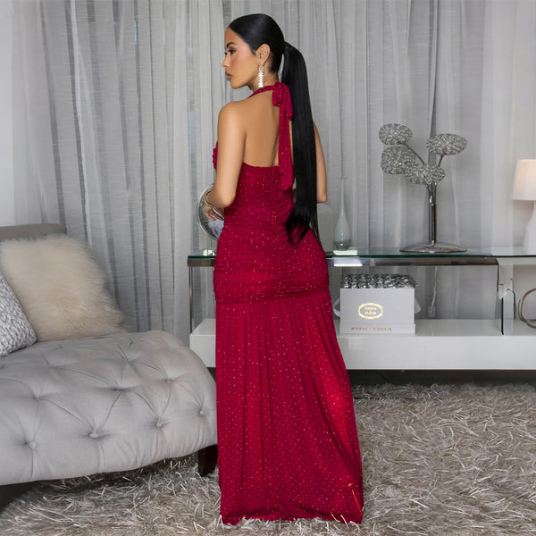 Sleeveless Lace-Up Slit Beaded Dress for Evening & Club Parties