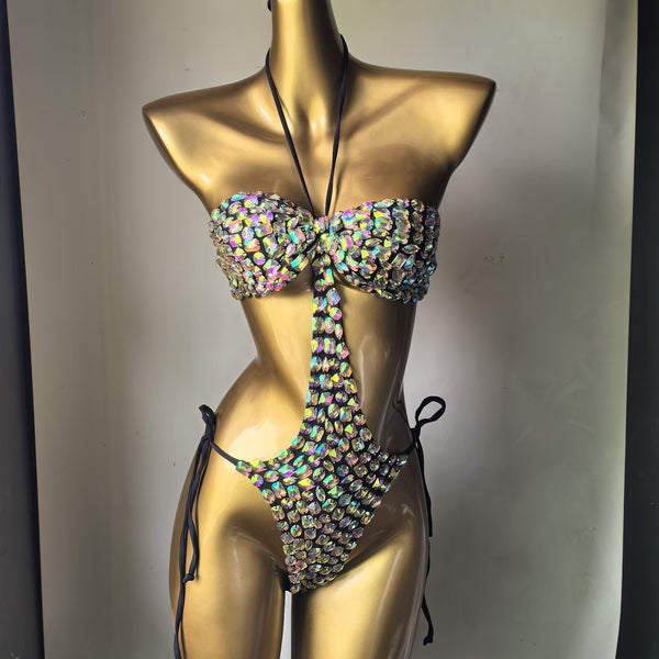 Embroidered Crystal Diamond V-Neck Lace-Up Bikini for Holiday Swimwear