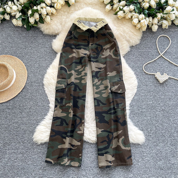 Camouflage Print Cargo Wide-Leg Denim Pants for Autumn Streetwear