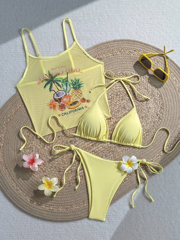 Tropical Fruit Print Halter Neck Bikini for Holiday Beachwear