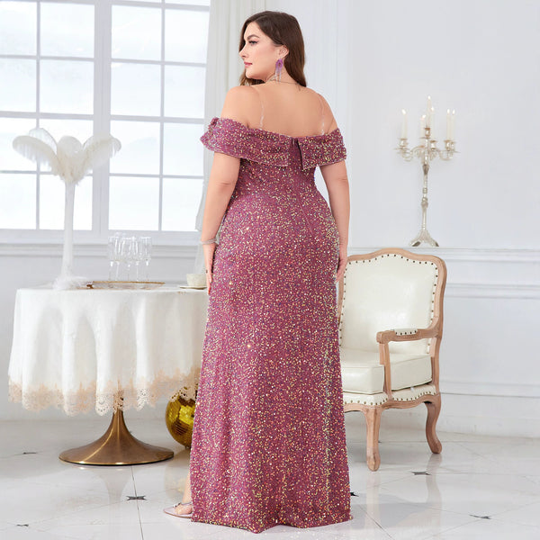 Plus Size Off-Shoulder Sequin Slit Dress for Formal Evening Parties
