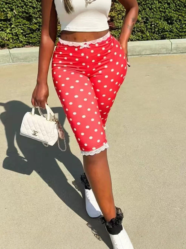 Polka Dot Print Lace Cropped Pants for Casual Wear