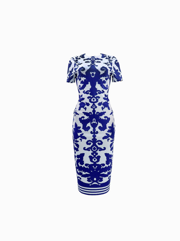 Printed Short Sleeve Bodycon Dress for Evening Wear
