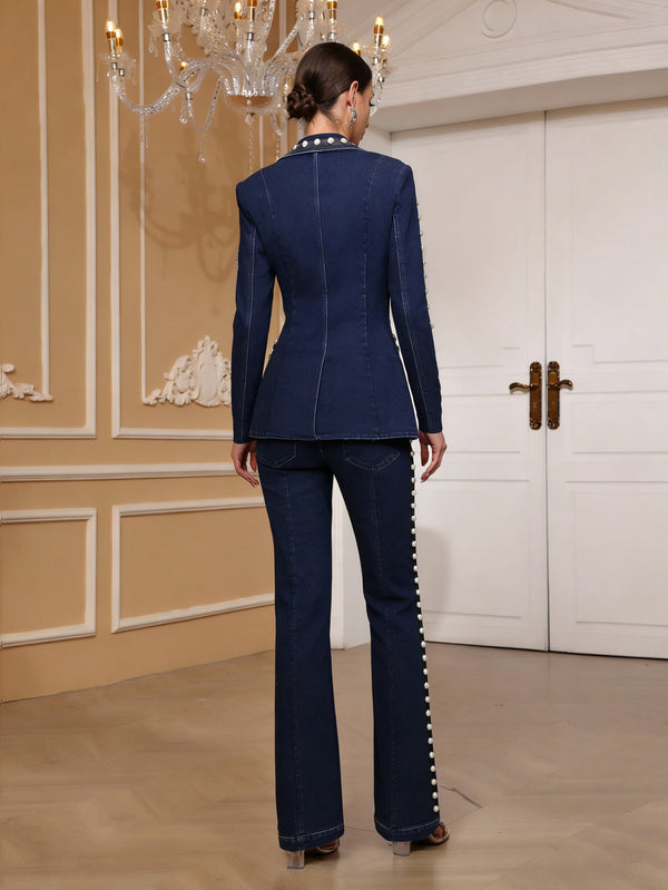Pearl Studded Denim Blazer & Bell Bottom Pants Set for Events