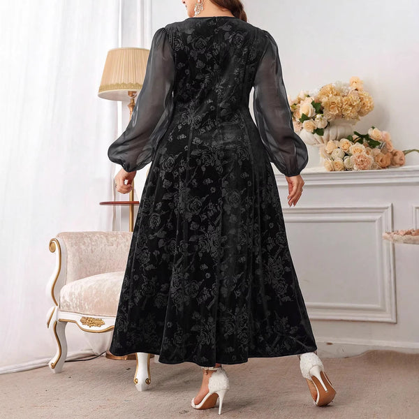 V-Neck French Velvet Patchwork Dress for Elegant Occasions