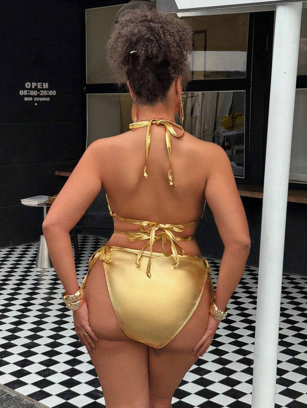 Plus Size Shiny Metal Lace-Up Two-Piece Bikini Set
