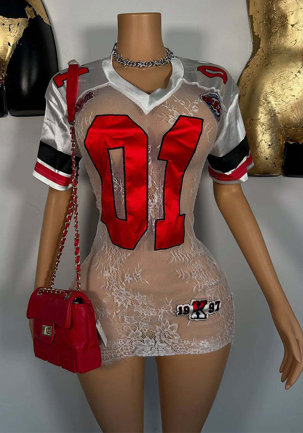 Lace See-Through Embroidered Letter V-Neck Dress for Clubwear