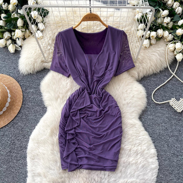 Purple V-Neck Short-Sleeve Bodycon A-Line Dress for Summer Career Wear
