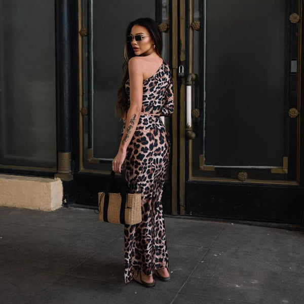 Leopard Print Slash Shoulder Slit Dress for Beach Parties