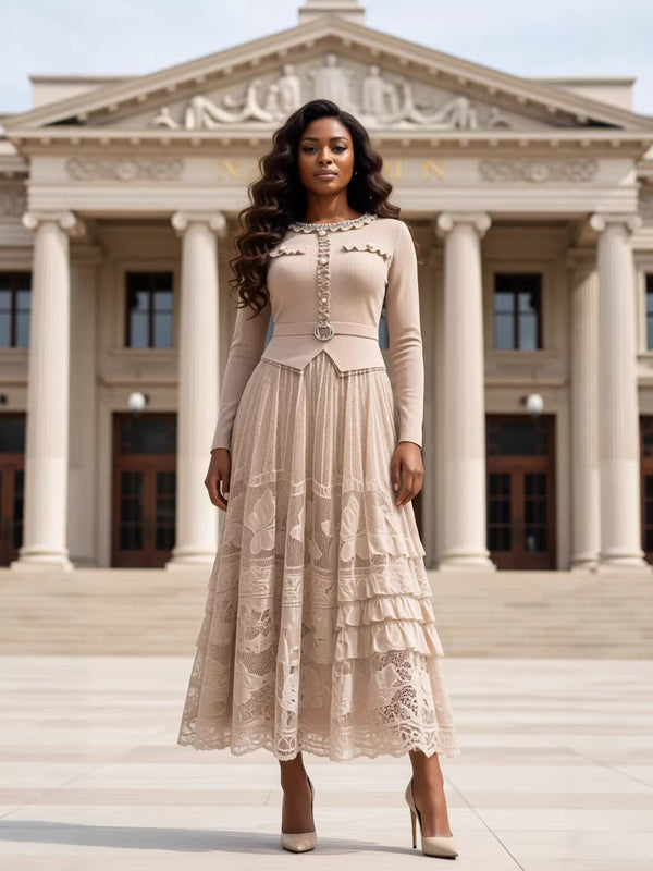 Women's Plus Size African Pleated Beaded Lace Cut-Out Chic Elegant Long Dress