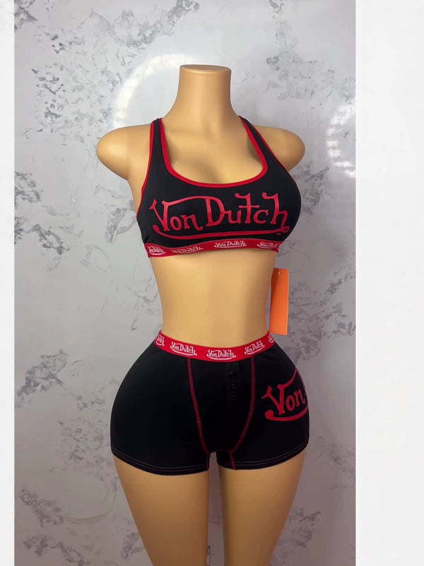 Color Block Letter Print Halter Tank Top & Shorts Two-Piece Set for Summer
