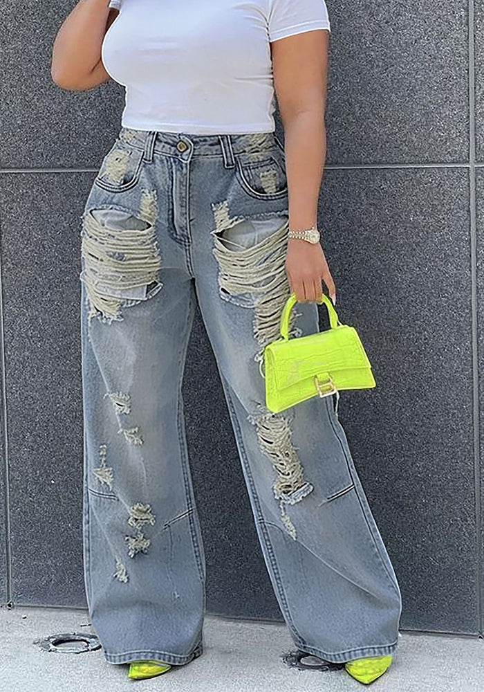 Ripped Washed Straight Denim Jeans for Casual Streetwear
