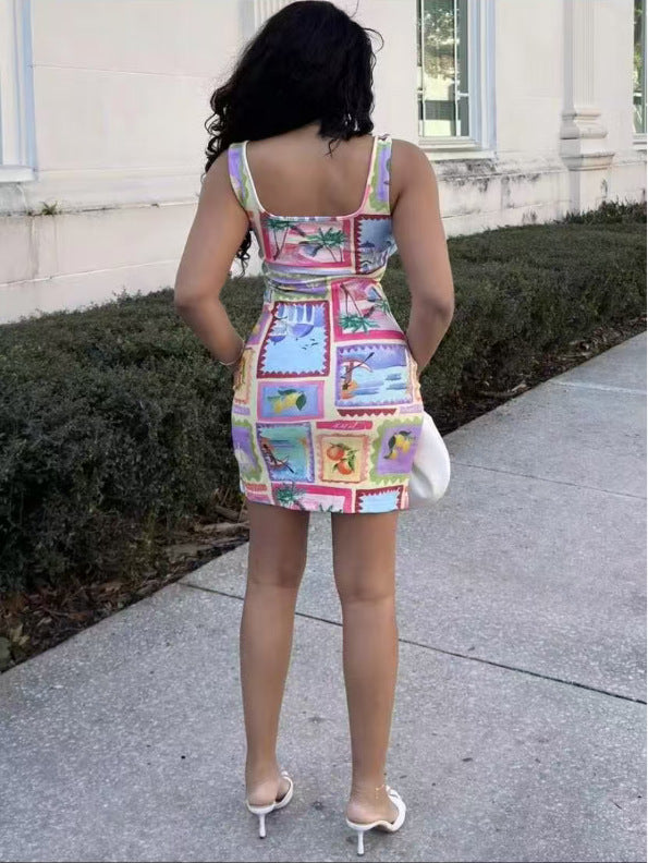 Printed Square Neck Split Cami Bodycon Dress for Holidays