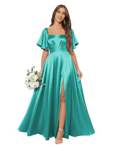 Ruffled Pleated Square Neck Slit Dress for Bridesmaids & Events